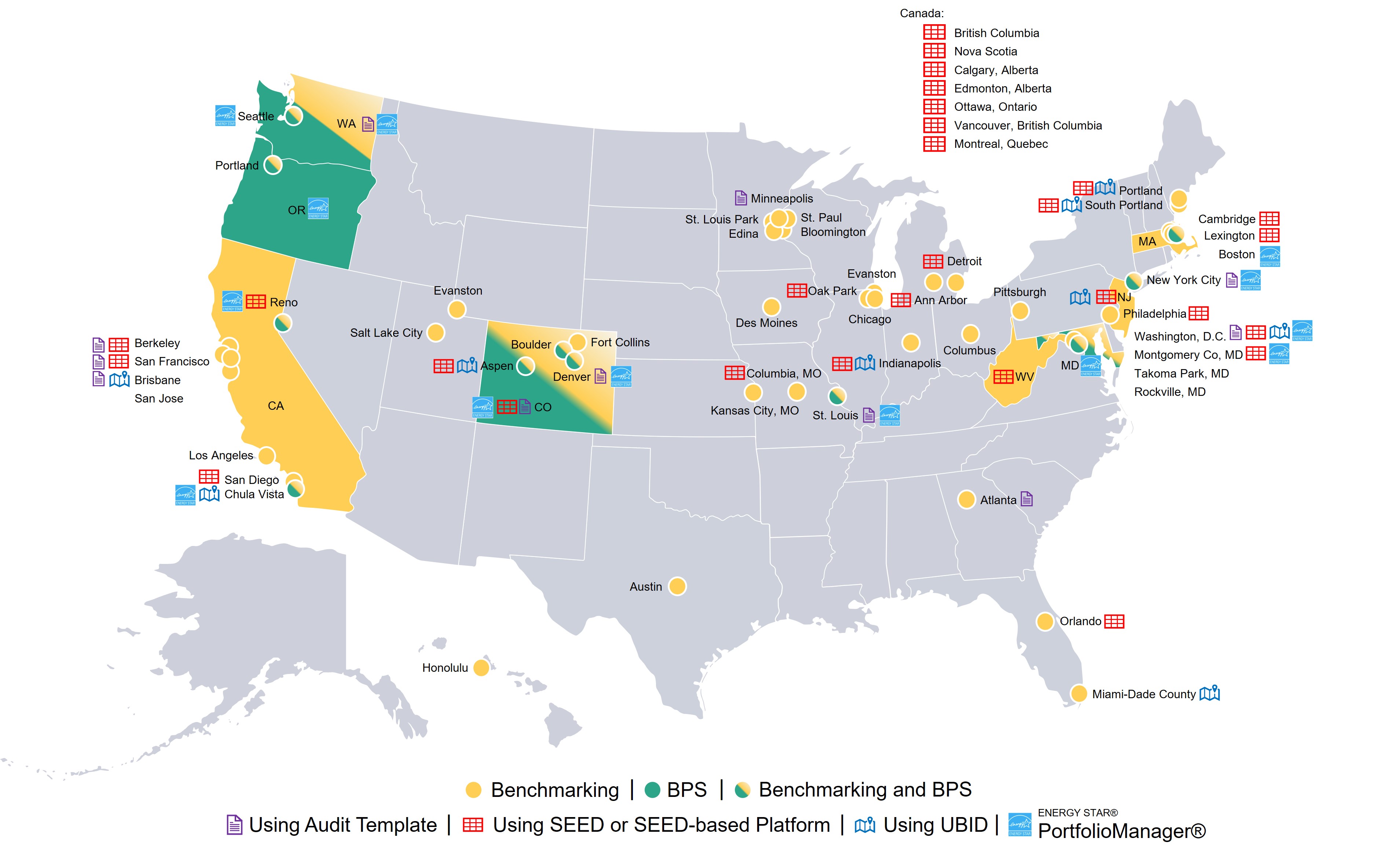 Adoption map of Audit Template, SEED, UBID, and Energy Star Portfolio Manager tools